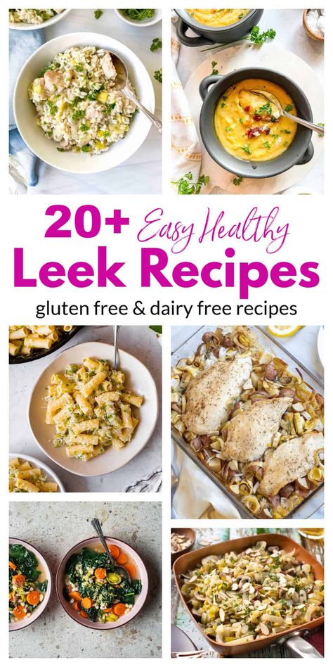 These easy healthy leek recipes are all different, creative, and easy ways to cook with tender leeks. You will love these easy leek recipes. In addition to soups and stews these hearty green veggies are used in a similar way that onions are, and can be incorporated into an abundance of other easy healthy recipes. When healthy eating is at the top of your list, you will love these delicious leek recipes all made with simple ingredients. These soups and side dish leek recipes are all gluten free. Recipes With Leaks, What To Make With Leeks, Recipes Using Leeks, Leeks Recipe, Leek Recipes, Healthy Woman, Healthy Casserole Recipes, Clean Eating For Beginners, Green Veggies