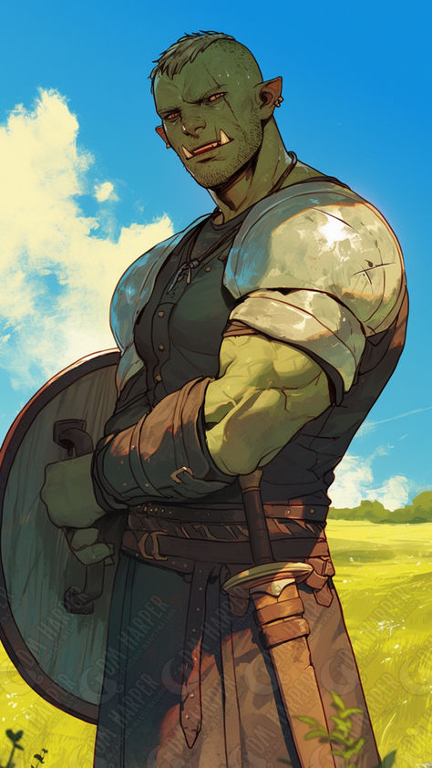 Half-Orc Mercenary Half Orc Half Human, Orc Wizard Dnd, Half Orc Cowboy, Orcs Fantasy Art, D&d Fairy Character, Orc Fighter Dnd, Half Orc Kid, Orc Swordsman, Dnd Orc Character Design