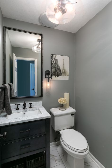 11 of Our Favorite Powder Bathrooms - Schloegel Design Remodel Bathroom Small Space, Powder Bathrooms, Grey Bathroom Paint, Gray Bathroom Walls, Light Grey Bathrooms, Dark Gray Bathroom, Small Full Bathroom, Dark Wood Bathroom, Powder Bathroom