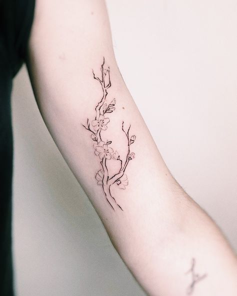 Sakura Fine Line Tattoo, Chinese Tattoos, Sakura Tattoo, Chinese Tattoo, Sakura Flower, Aesthetic Tattoo, Design Drawings, Fine Line Tattoos, Tattoo Design Drawings