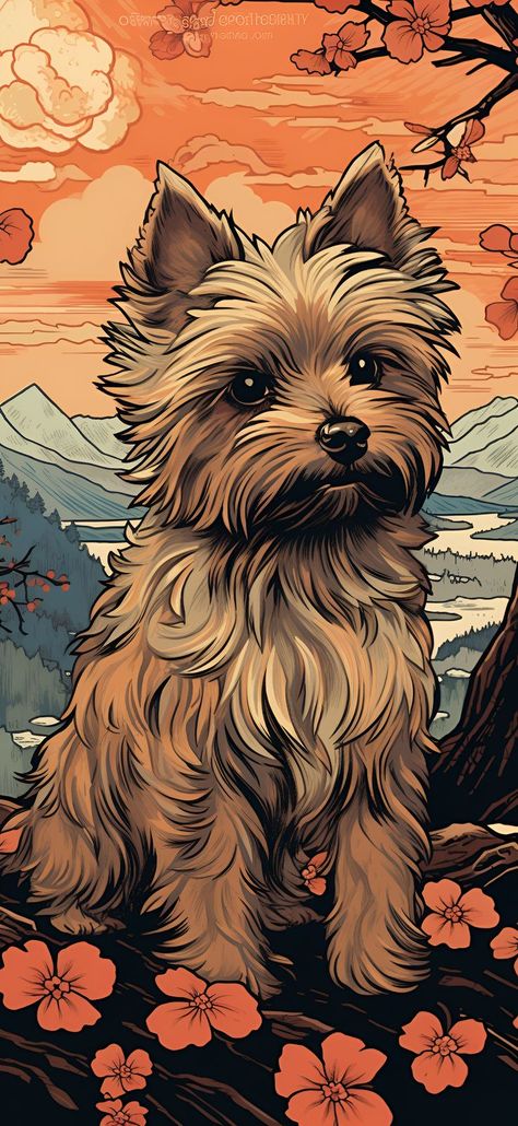 An Ukiyo-E style representation of a Yorkshire Terrier amongst flowers with mountains in the background, ideal for an aesthetic phone wallpaper. Mountain Aesthetic Wallpaper, Felix Argyle, Bed Of Flowers, Unique Wallpapers, Mountains Aesthetic, Yorkie Terrier, Aesthetic Wallpaper Iphone, Stylish Iphone Cases, Wallpaper Android