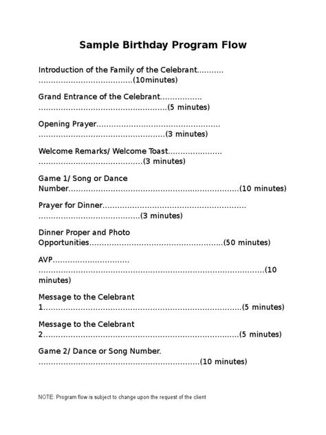 Sample Program Flow- Birthday - Download as Word Doc (.doc / .docx), PDF File (.pdf), Text File (.txt) or read online. 50th Birthday Program Ideas, 40th Birthday Program Ideas, Birthday Party Schedule Timeline, Birthday Program Design, 70th Birthday Party Program Ideas, Program Flow, 50th Birthday Party Program Ideas, Birthday Program Ideas, Party Program Ideas Birthday