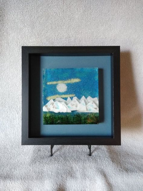 Mountain art/Fused Glass Wall Art/Framed Blue glass/kilnformed | Etsy Fused Glass Art Mountains, Fused Glass Mountains, Glass Landscape, Birch Tree Art, Fused Glass Wall Art, Fused Glass Artwork, Glass Fusion, Mountain Wall, Glass Fusing