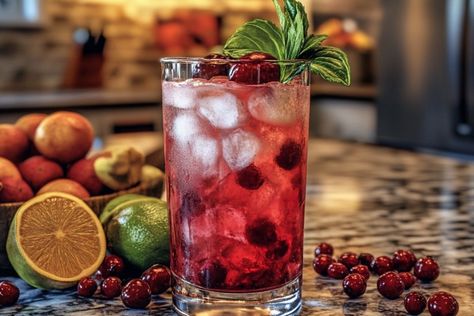 The Cranberry Mojito is a vibrant and refreshing twist on the classic mojito, infusing the tartness of cranberries with the traditional mint and lime flavors. Cranberry Mojito, Christmas Fun Food, Black Cherry Juice, Cranberry Punch, Classic Mojito, Cherry Coke, Cherry Liqueur, Colorful Drinks, Frozen Lemonade