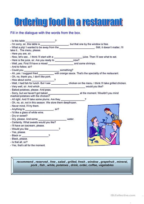 ORDERING FOOD - English ESL Worksheets for distance learning and physical classrooms Restaurant English, Food In Spanish, Drama Activities, English Lesson Plans, Spanish Worksheets, English Exercises, English Worksheet, At The Restaurant, Esl Teaching