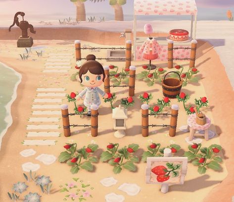 animal crossing strawberry garden Acnh Berry Farm, Acnh Flower Garden Idea, Animal Crossing Strawberry Farm, Pink Villagers Acnh, Strawberry Island Animal Crossing, Acnh Strawberry Fields, Animal Crossing Fruit Garden, Acnh Sweets Shop, Animal Crossing Strawberry Design