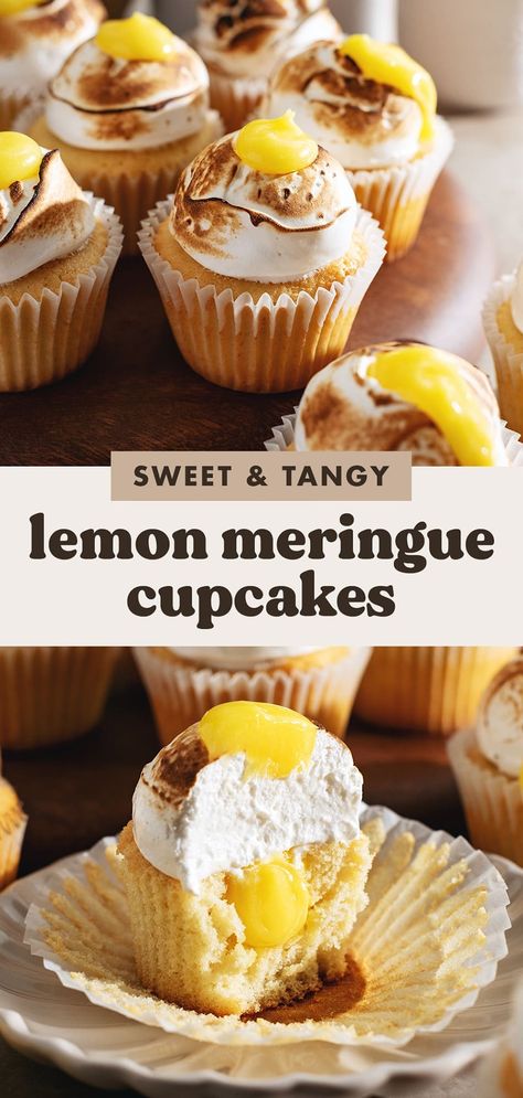 These lemon meringue cupcakes are made with soft and fluffy vanilla cupcakes using the hot milk method. They're filled with tangy lemon curd and topped with airy swiss meringue that's torched to perfection! #cupcakes #lemonmeringue #lemondessert | teakandthyme.com Lemon Meringue Cupcakes Recipe, Milk Cupcakes, Fluffy Vanilla Cupcakes, Lemon Curd Cupcakes, Lemon Meringue Cupcakes, Meringue Cupcakes, Toasted Meringue, Cupcakes Filled, Tea Drink Recipes