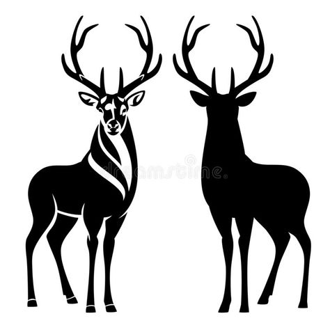 Standing deer buck with big antlers black vector outline and silhouette. Graceful deer stag with large antlers standing and looking en face - black and white vector illustration Deer Silhouette Art, Stag Tattoo Design, Deer Outline, Buck Silhouette, Deer Stencil, Deer Skull Tattoos, Hirsch Silhouette, Wild Animals Vector, Fox Tattoo Design