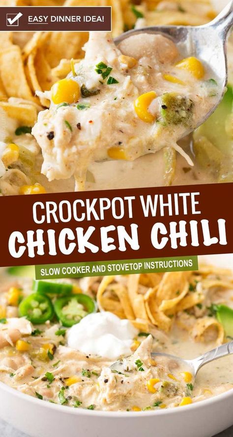 This contest-winning crockpot white chicken chili is made easy in the slow cooker, and has just the right amount of spice to warm up your night! #chickenchili #whitechickenchili #chili #chicken #easyrecipe #dinner #comfortfood #slowcooker #crockpot Cream Soup Crockpot Recipes, Hearty Chicken Crockpot Meals, Rotisserie White Chicken Chili Crock Pot, Chicken Recipes For The Crockpot, Crockpot Meals For Family Of 5, Chicken Crockpot Recipes Spicy, Simple Crockpot Dinner Recipes, Meal Prep For The Week Kid Friendly, White Chicken Chili Rotisserie Crockpot