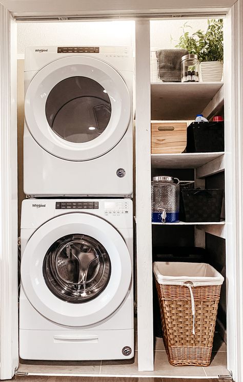 Small Laundry Stackable, Stacked Washer Dryer Hallway, Dryer And Washer Stacked, Wash And Dryer Closet Small Spaces, Apartment Washer And Dryer Closet, Stackable Washer Dryer Laundry Closet Storage, Stackable Washer And Dryer Closet, Stackable Washer Dryer Tiny Home, Condo Washer And Dryer