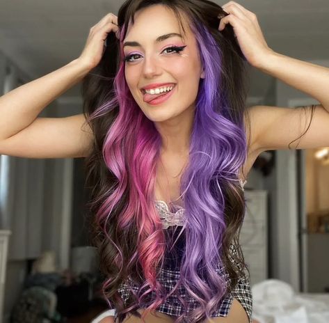 Black Hair With Bright Colors, Black And Vibrant Hair, Peekaboo Split Dye, Dramatic Hair Color Ideas, Fantasy Color Hair Ideas, Pink Purple Blue Hair Streaks, Pink And Purple Money Piece Hair, Colorful Money Piece Hair Brunette, Bright Hair Color Ideas For Brunettes