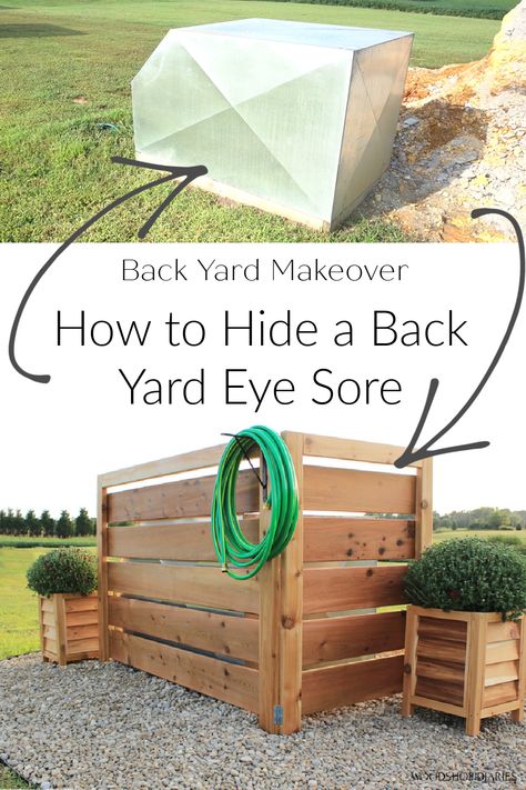 Check out how easy it is to hide your back yard eye sores with this quick idea and tutorial. Hide your well house cover, AC units, trash cans, etc. A simple faux fence and some basic landscaping makes covering those ugly back yard ornaments so easy! Improve your curb appeal with this easy DIY outdoor project idea! Trash Can Cover Outdoor Diy, Outdoor Garbage Can Hideaway Diy, Pool Filter Enclosure Ideas Diy, Oil Tank Screening Ideas, Wood Projects Outdoor, Trash Can Storage Outdoor, Diy Outdoor Projects, Hide Trash Cans, Garbage Can Storage