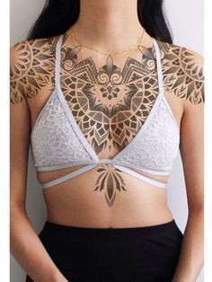 Chest Tattoo Floral Female, Chest Tattoo Female Geometric, Ornament Chest Tattoo Female, Womens Upper Chest Tattoo, Dot Work Chest Tattoo Female, Chest Tattoo Female Mandala, Geometric Chest Tattoo Female, Chest Plate Tattoo Female, Ornamental Chest Piece