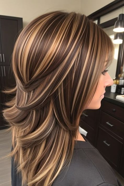 Highlights Caramel, Rambut Brunette, Highlights Summer, Fall Hair Color Ideas, Hair Highlights And Lowlights, Brunettes Highlights, Hair Color Caramel, Layered Haircuts For Medium Hair, Summer Balayage