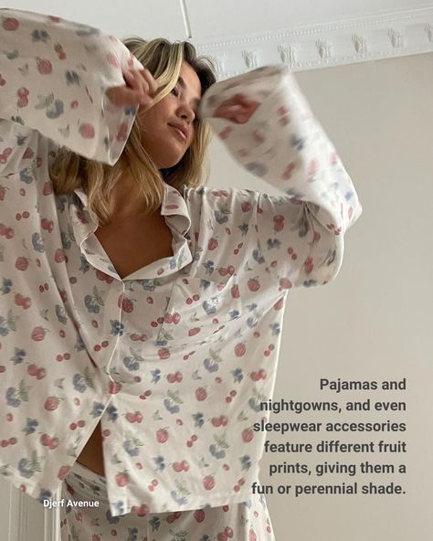 Pajamas and nightgowns, as well as sleepwear accessories like scrunchies and slippers, feature various fruit prints, giving them a fun or timeless appeal. Discover how to incorporate this playful trend into your sleepwear collections. At START by WGSN, you can access a wealth of fashion information to boost your business. Click the link in bio to learn more. #SleepwearTrends #FruitPrints #FashionBusiness #PajamaStyle #NightwearFashion Djerf Avenue, Home Wear, Long Sleeve Shirt, Sleeve Shirt, Pajamas, Pattern