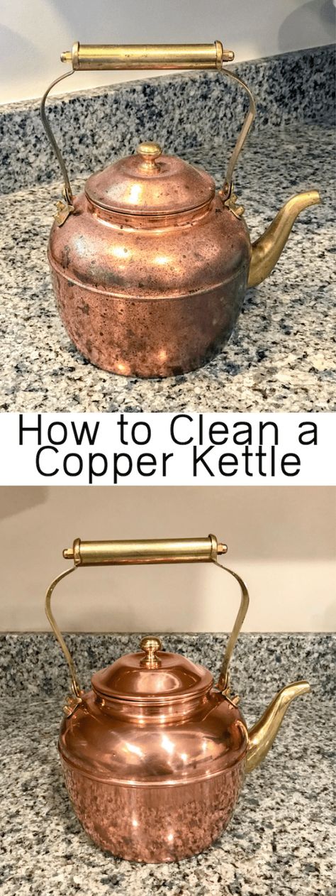 How To Clean A Copper Kettle, How To Clean Copper Tea Kettle, Copper Polish Diy, Copper Tea Kettle Decor Ideas, Copper Kettle Decor Ideas, Copper Decor Kitchen, House Keeping Tips, Clean House Smell, Orange Books