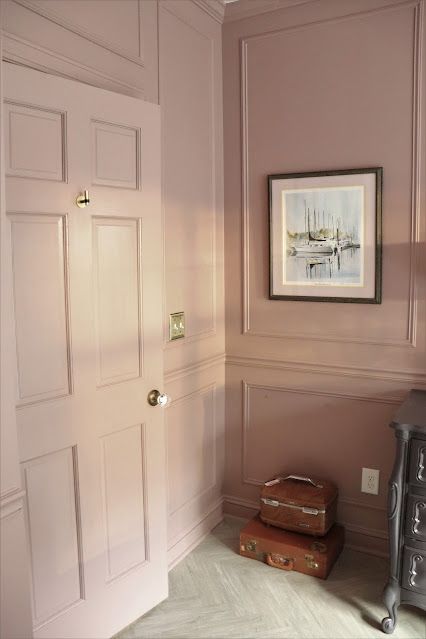 Farrow And Ball Porphyry Pink, Pink Wall Panelling Bathroom, Accent Wall And Wallpaper, Mauve Feature Wall, Dusty Pink Dressing Room, Color Drenching Interiors Pink, Muted Blush Paint Color, Farrow And Ball Pink Living Room, Colour Drench Pink Bedroom