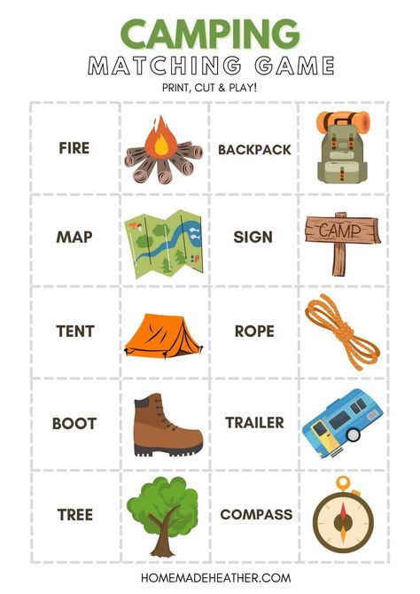 Camping Printables For Preschool, Camping Matching Game, Camping Montessori Activities, Camp Firelight Vbs Games, Camping Printables Free For Kids, Camping Themed Activities For Kids, Camping Worksheets For Kids, Summer Camp Printables, Camping Bingo