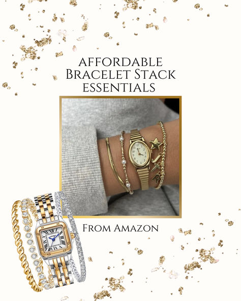 A stylish bracelet stack featuring a gold watch, chain bracelets, and charm accessories, all available on Amazon. Perfect for creating an elegant and affordable look with Amazon jewelry favorites Weekend Getaway Outfits, Fashion Travel Outfit, Amazon Jewelry, How To Look Expensive, Gold And Silver Bracelets, Gardening Outfit, Stylish Bracelet, Layered Bracelets, Amazon Women