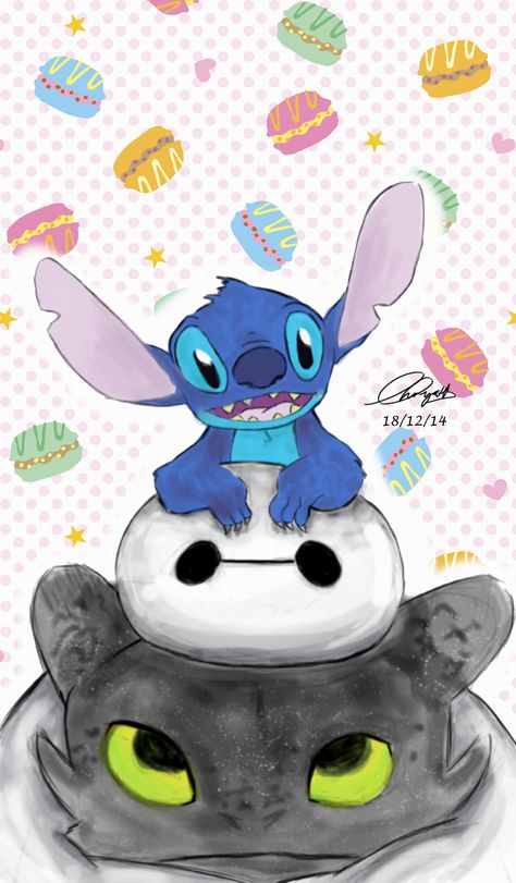 Stitch x Baymax x Toothless by MariaChrystal.deviantart.com on @DeviantArt my fav wittle cartoon characters Toothless And Stitch, Baby Cartoon Characters, Wallpaper Disney, Cute Stitch, Halloween Wallpaper Iphone, Baymax, Lilo Stitch, Wallpaper Cave, Disney Tattoos