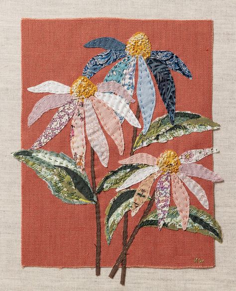 Coneflower Slow-Stitching Kit - Wattle&Loop Inspiration Collage, Linen Background, Textile Art Embroidery, Textiles Artwork, Green Inspiration, Fabric Cards, Collage Kit, Pola Sulam, Crochet Books