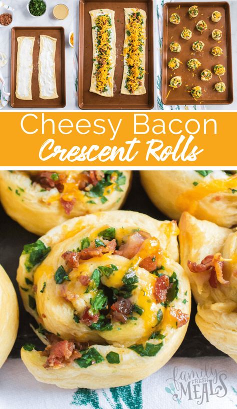 Cheesy Bacon Crescent Rolls Ups recipe from Family Fresh Meals via @familyfresh Crescent Roll Bacon, Cresent Roll Appetizer Recipes, Bacon Crescent Rolls, Crescent Pinwheels, Crescent Roll Ups, Pinwheel Appetizer, Recipes Using Crescent Rolls, Crescent Roll Appetizers, Croissant Roll