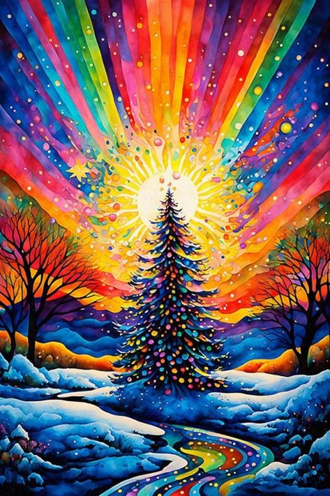 "This fine art print features colorful artwork of a decorated Christmas tree with a rainbow of color in a winter landscape. Please visit my main site (listed in my bio) if you would like Christmas cards of this artwork.  Please choose your print size from the drop down menu. This print is available in sizes ranging from 5\" x 7\" to 48\" x 60\". The image will be printed on beautiful premium quality archival photographic paper, ready to be framed. Prints are made to order and will ship within 3 Xmas Wall Art, Christmas Diamonds, Colorful Poster, Christmas Tree Art, Gems Art, Diamond Painting Kits, Colorful Artwork, Art Kits, Winter Scene