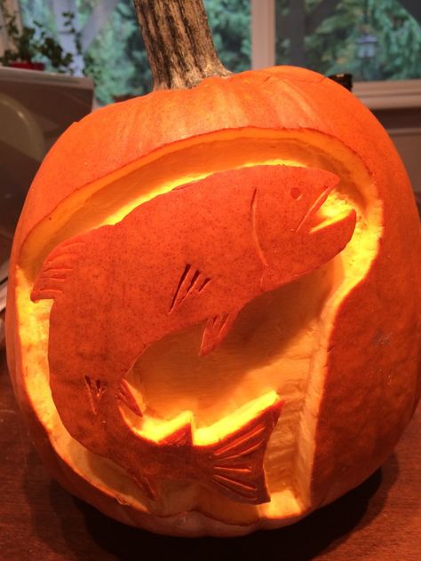 cool pumpkin carving salmon fish Good Pumpkin Carving Ideas, Pumpkin Carving Ideas Easy Scary, Sugar Skull Pumpkin Carving, Fish Pumpkin Carving, Skull Pumpkin Carving, Cool Pumpkin Carving Ideas, Cool Pumpkin Carving, Fish Pumpkin, Sugar Skull Pumpkin