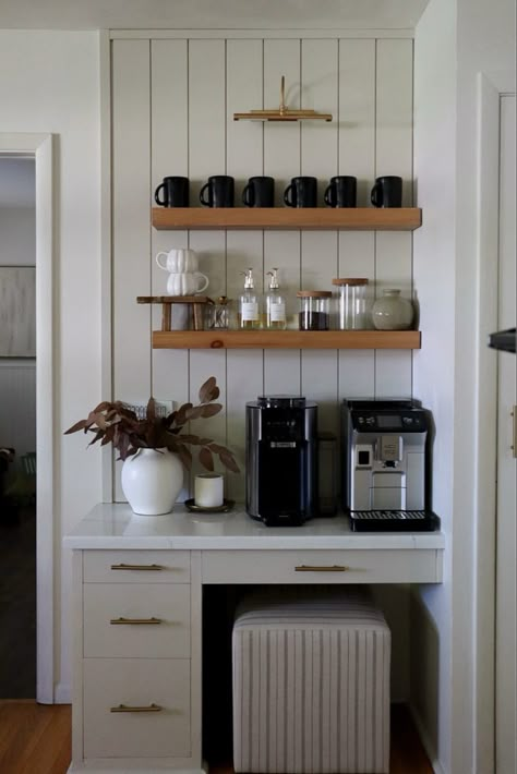 Small Dining Room Coffee Bar, Kitchen Desk Into Coffee Bar, Kitchen Desk Coffee Bar, Desk Into Coffee Bar, Coffee Corner In Living Room, Minimalist Coffee Bar, Coffee Bar Bedroom, Instagram Story Coffee, Kitchen Desk Ideas