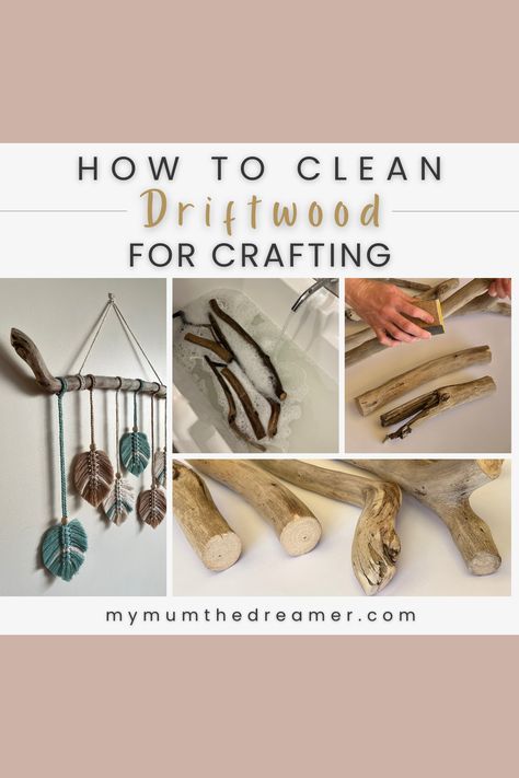 Driftwood in various stages of cleaning and finally pictured being used in a macramé wall hanging. Preparing Driftwood For Crafts, How To Clean Driftwood, Preserve Driftwood, Cleaning Driftwood, Diy Bottles, Driftwood Creations, Crafts 2024, Driftwood Diy, Driftwood Projects