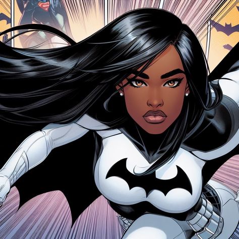 Black Comic Characters, Black Superwoman, Black Woman Cartoon, Black Harley Quinn, Black Female Superhero, Comic Outfits, Black Female Art, Dc Oc, Batman And Batgirl