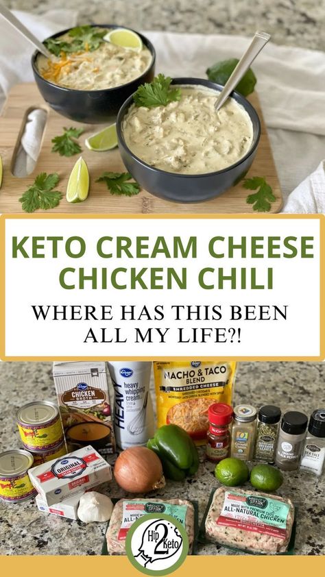 This rich creamy keto cream cheese chicken chili is exactly what you need this winter to warm your bones You’ll love this variation on traditional chili Chili is one of my favorite meals Especially during the colder months of the year There are so many different chili recipes out there it’s impossible for me to pick a favorite I gravitate towards beanless chili recipes to keep things as low carb and keto as possible #ketochili #fatadapted #nocarbs #ketoforhealth #nutritiontips #ketolove Keto Connect Recipes, Winter Keto Dinner Recipes, Keto Winter Recipes, Cream Cheese Chicken Chilli, Keto Cream Cheese Chicken, Keto Chicken Chili, Hip2keto Recipes, Keto Chili Recipes, Keto Cream Cheese Recipes