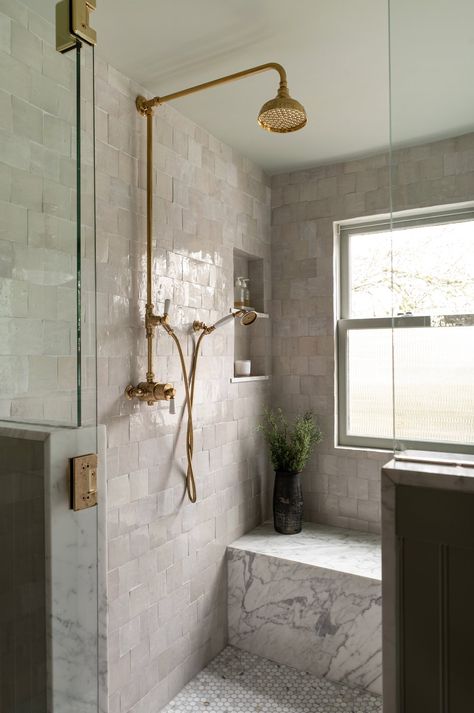 Whittney Parkinson Bathroom, Marble Bathroom Wainscotting, Penny Stone Tile Bathroom, Beautiful Ada Bathrooms, Large Window In Shower Ideas, Marble Trim Bathroom, Master Restroom Remodel Ideas, Primary Bathroom Tile Ideas, European Shower Ideas