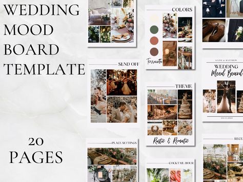 This wedding mood board template is the perfect way to start planning your dream wedding. With just a few clicks, you can create a visual representation of your vision, including everything from the color scheme to the venue. Simply add your favorite images, fonts, and colors, and you'll have a beautiful and inspiring mood board to guide your planning process. Canva Wedding, Mood Board Template, Wedding Moodboard, Board Template, Wedding Planning Guide, Wedding Vision, Planning Guide, Wedding Mood Board, Wedding Mood