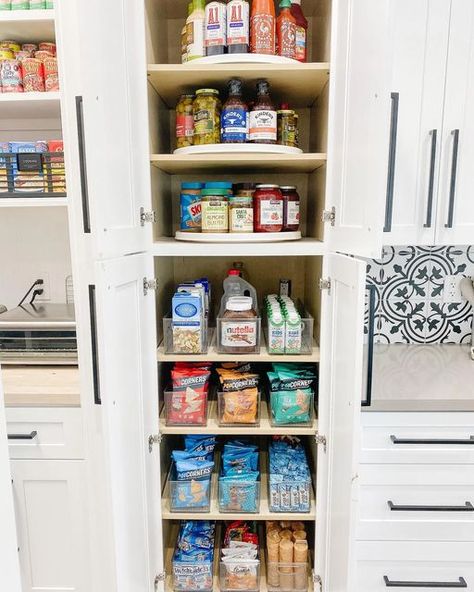 White Hanging Shelves, Deep Pantry Organization, Tom Howley Kitchens, Organize A Small Pantry, Walk In Pantry Ideas, Deep Pantry, Cabinet Storage Solutions, White Pantry, House Pantry