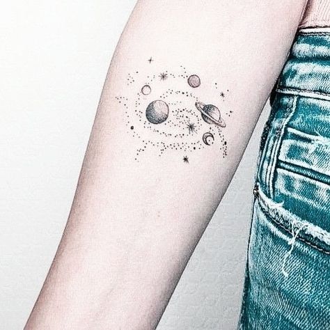 Cosmos Tattoo, Planet Tattoo, Astronomy Tattoo, Lines Tattoo, Stick Poke Tattoo, Jupiter Planet, Celestial Tattoo, Universe Tattoo, Planet Tattoos