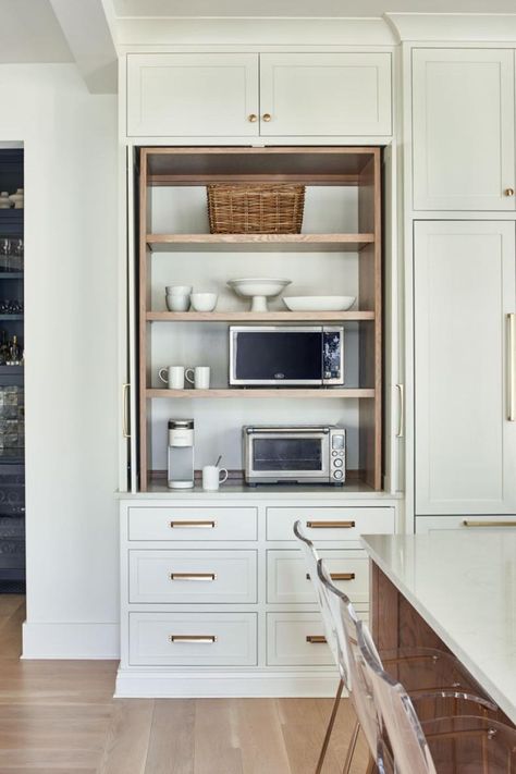 Neutral Kitchen With Appliance Cabinet Kitchen Appliance Garage, Hide Appliances, Kitchen Appliance Storage, Clutter Free Kitchen, Appliance Cabinet, Appliance Garage, Classic White Kitchen, Hidden Kitchen, Countertop Appliances