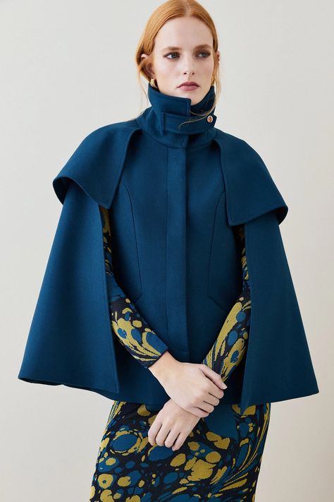 https://i1.adis.ws/i/boohooamplience/bkk06293_teal_xl?$product_image_main_mobile_2x$&fmt=webp Turtleneck Cape, Wool Cape Coat, Cape Blazer, Cloak Coat, Blue Cape, Caped Crusader, Embellished Clothing, Cape Jacket, Spring Coat