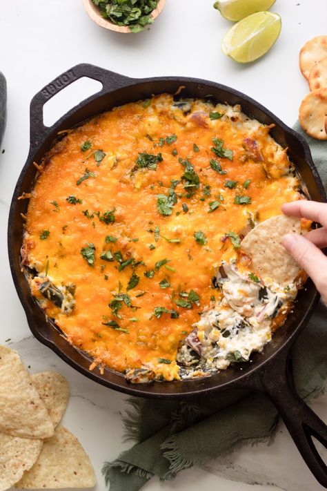 Cheesy Skillet Roasted Poblano Dip - Our Balanced Bowl Poblano Dip, Corn And Cheese, Roasted Poblano Peppers, Roasted Poblano, Poblano Peppers, California Food, Bowl Recipes, Yummy Dips, Big Bag