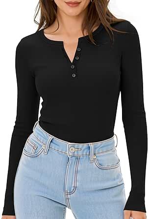 YumiDay Women's Long Sleeve Henley Tops, Slim Fitted Ribbed Casual Tee Top, Stretchy Base Layer Shirts Daily Uniform, Henley Top, Casual Tee, Base Layer, Top Tee, Women Long Sleeve, Thing 1, T Shirts, Long Sleeve