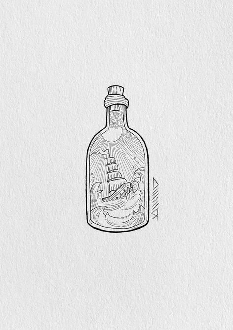 #tattoo #tattooideas #tattooart #tattoosforwomen #tattoodesign #art #artist #artwork #artistsoninstagram #artoftheday #sea #ship #bottle #ideas #tattoolover #tattoolife #tattooideasformen Beach In A Bottle Tattoo, Ocean In A Bottle Tattoo, Alcohol Bottle Tattoo, Ink Bottle Drawing, Lightning In A Bottle Tattoo, Glass Bottle Tattoo, Seaside Tattoo, Ship In A Bottle Tattoo, In A Bottle Tattoo