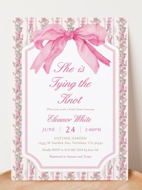 A pink and white baby shower invitation adorned with a decorative ribbon, elegantly designed for a joyful celebration. Shes Tying The Knot Bridal Shower Invite, Bride To Be Invitation, Bow Invitation, Pink Chinoiserie, Bridal Shower Inspo, Bridal Shower Planning, Bridesmaid Card, Wedding Picture Poses, Bachelorette Invitations