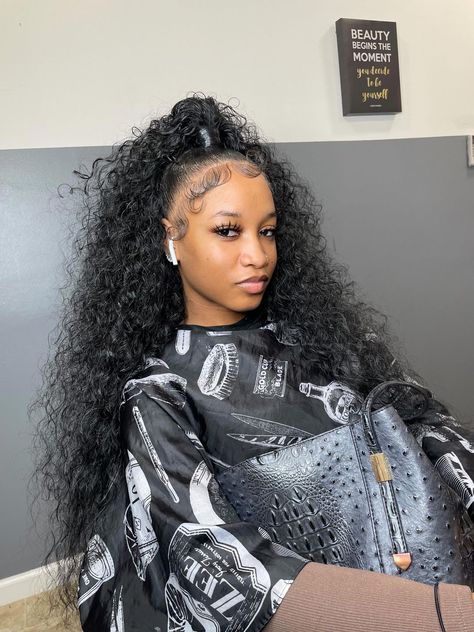 Edges Hairstyles Half Up Half Down, Half Up Half Down Wet Curly Hair, Wet N Wavy Half Up Half Down, Half Up Half Down Hair With Curly Hair, Half Up Half Down Dramatic Edges, Dramatic Soft Edges, Dramatic Edges Ponytail, High Up Half Down Hair, Curly Half Up Half Down Ponytail