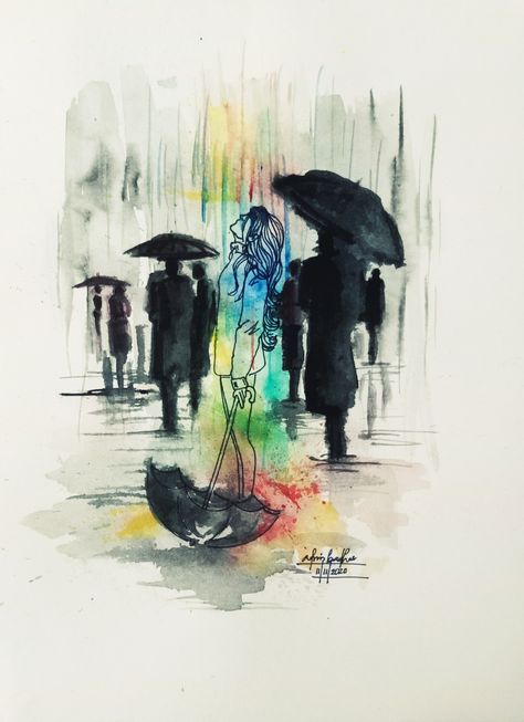 Rain Drawing Watercolor, Cute Umbrella Drawing, Rain Art Aesthetic, Rain Aesthetic Drawing, Rain Art Drawings, Rain Drawing Sketches, Dancing In The Rain Tattoo, Rain Silhouette, Drawing Umbrella