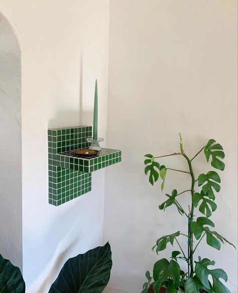 Tiled Shelf, Tile Shelf, Plants Shelf, Diy Floating Shelf, Green Shelf, Product Launching, Tile Furniture, Home Aesthetics, Green Furniture