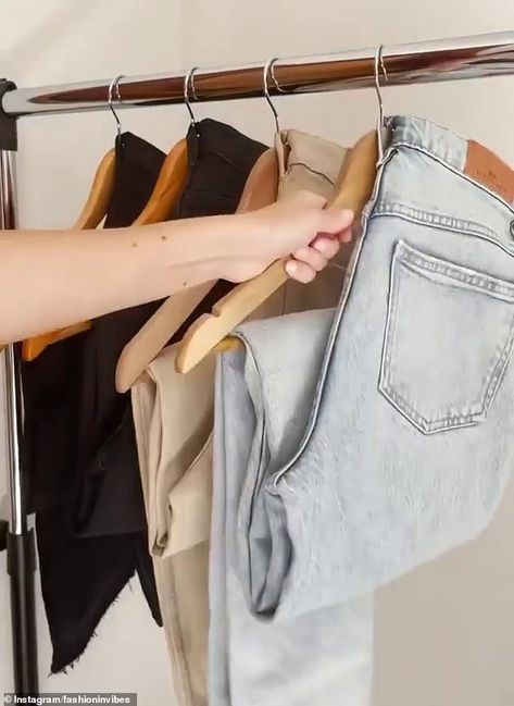 Hanging Jeans, Hang Sweaters, Hanging Clothes Organizer, Rolling Drawers, Hanging Wardrobe, Packing Hacks Clothes, Wardrobe Organisation, Hanging Closet Organizer, Shoe Storage Solutions