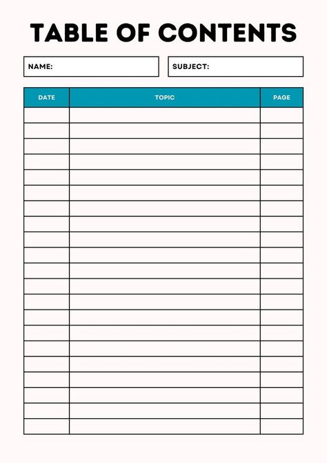 Printable Blank Table Of Contents Templates Index Paper, Table Of Contents Template, Table Of Contents Page, Black And White Comics, School Paper, Simple Scrapbook, Ipad Background, Index Page, Table Of Contents