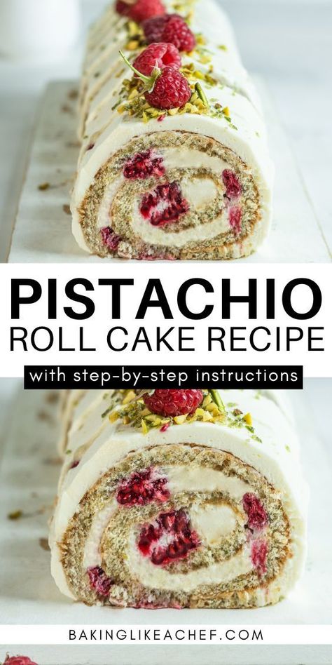 Sliced pistachio roll cake on a serving board. Sponge Cake Recipe Best, Jelly Rolls Recipe, Christmas Cake Roll, Summer Desserts For A Bbq, Desserts For A Bbq, Raspberry Pistachio, Roll Cake Recipe, Roulade Recipe, Jelly Roll Cake