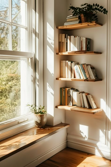 Looking for empty corner ideas for your bedroom? Discover how to create book nooks, cozy reading corners, and stylish shelves. These home decor tips offer decorating solutions to transform any empty space into an inviting and aesthetic part of your bedroom. Perfect for a refreshing bedroom makeover. Functional Aesthetic Bedroom, Cute Bedroom Nook Ideas, Window Corner Shelf, Corner Bedroom Ideas Small Spaces, Books Turned Backwards, Tv In Corner Of Bedroom On Wall, Where To Put Shelves In Bedroom, Bookcase Corner Ideas, Books On Dresser Bedrooms