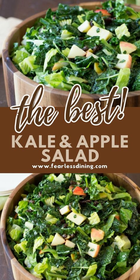 The whole family will love this easy kale and apple salad. Even your kale haters will want more. Perfect to serve at dinner, or enjoy over the holidays. Full of juicy fall apples, this salad recipe is sure to make a great side dish. fearlessdining Apple Recipes For Kids, Kale And Apple Salad, Recipes Pescatarian, Apple Recipes Easy Healthy, Kale Apple Salad, Kale Salads, How To Make Kale, Apple Recipes Healthy, Salad Kale